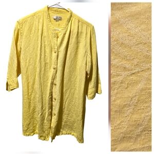 Bright Yellow Linen Button-Up Casual Shirt Woven Leaf Design Women's Large Top